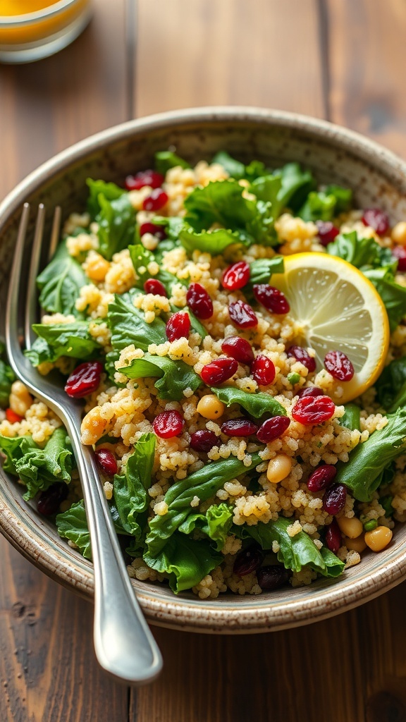 A colorful kale and quinoa salad with nuts and cranberries in a rustic bowl on a wooden table.